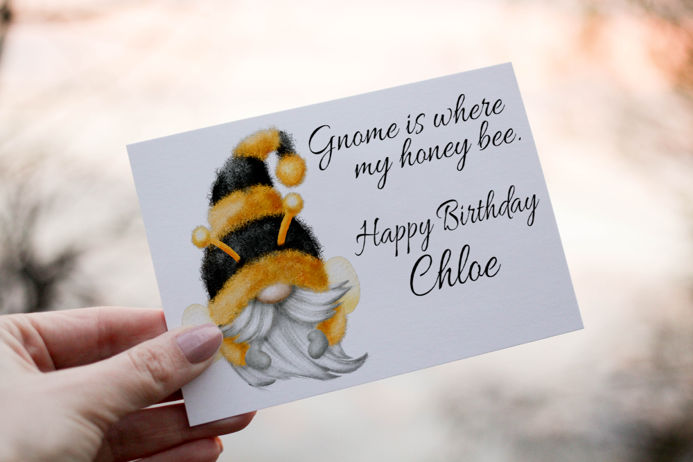 Gnome Is Where My Honey Bee Birthday Card, Gonk Birthday Card - Click Image to Close